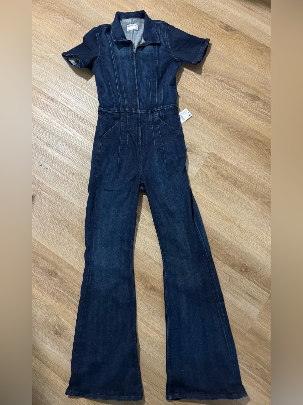 We The Free Dark Blue Denim Short-Sleeve Jumpsuit
